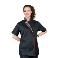 Bluza kucharska damska czarna rękaw krótki lamówka wzór W4 roz. XXL – bluza kucharska – odzież gastronomiczna